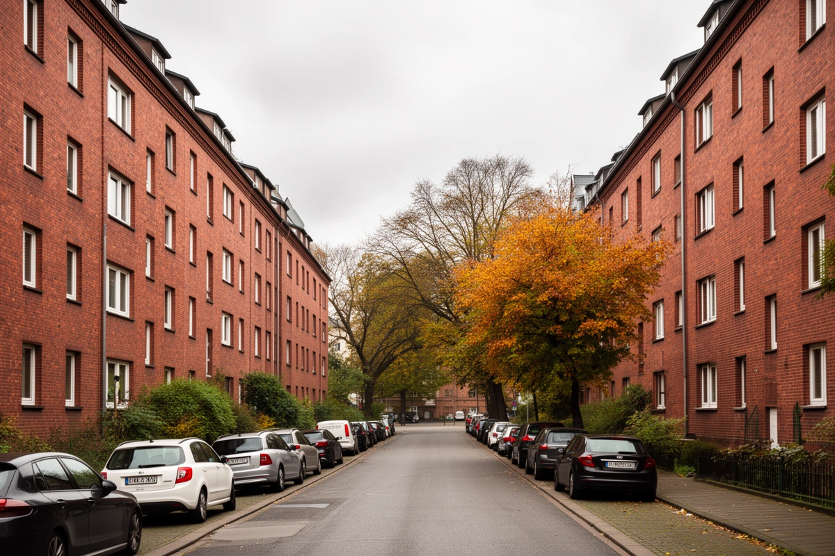 Wohnstraße mit roten Backsteinhäusern im Ruhrgebiet an einem grauen Herbsttag