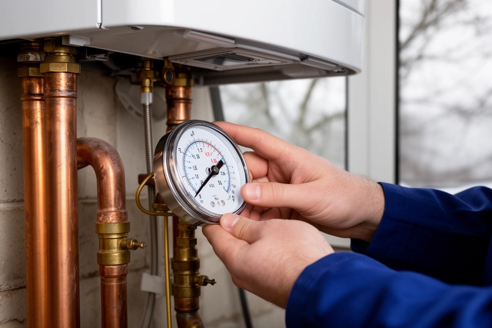 Hand eines Technikers am Manometer unter einer Gastherme